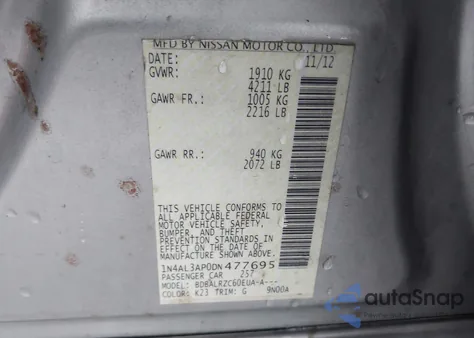 2013 Nissan Altima 2.5 S из США, поврежденный, VIN 1N4AL3AP0DN477695